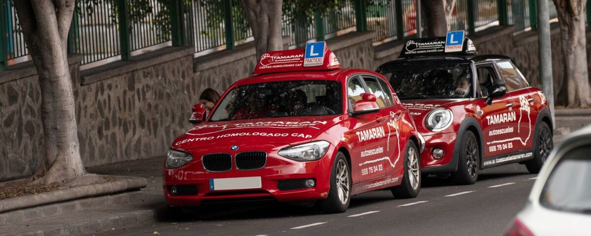 Coches de prácticas de Autoescuelas Tamarán estacionados en la vía durante una clase de conducción